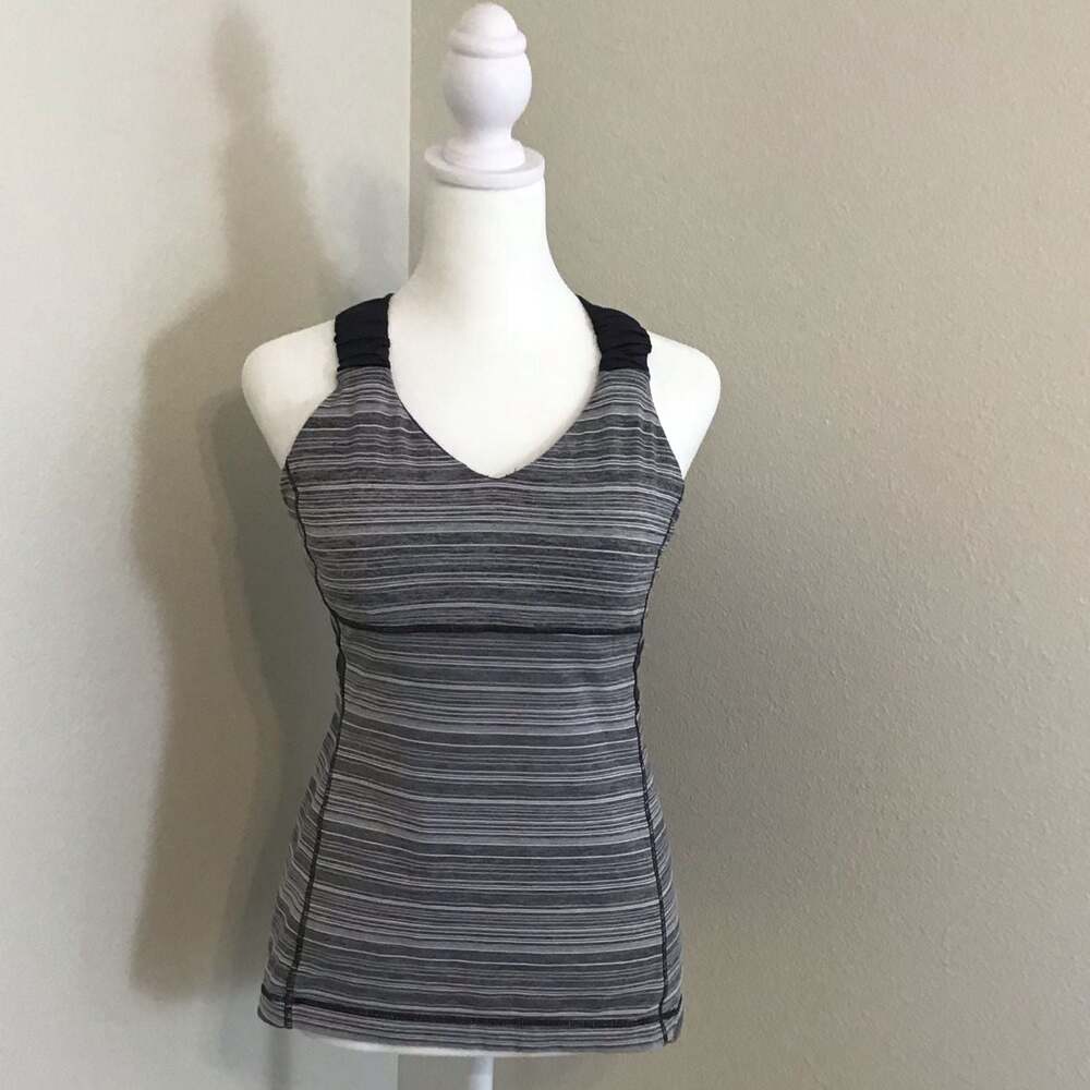 Lululemon Push Your Limits Tank Top Size 8 Gray Stripe Cross Back Built-In Bra